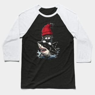 Cat Riding Shark Whiskered Adventure Baseball T-Shirt